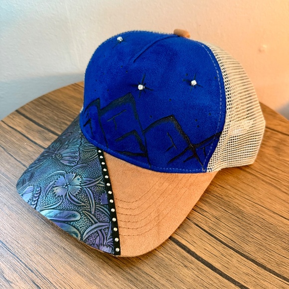 Hand Burned Custom Trucker Hat with Butterly Tooled Leather - Picture 3 of 3